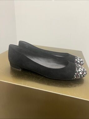 Stuart Weitzman Black Suede Jeweled Cap-Toe Ballet Flats